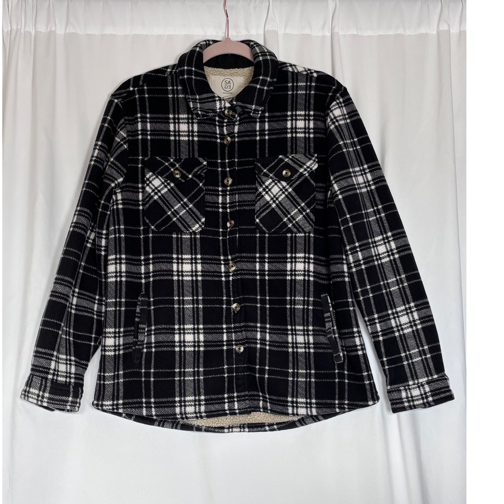 Sage Collective Black White Plaid Sherpa Lined Fleece Shacket Jacket Large